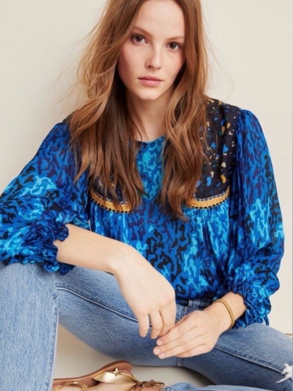Anthropology Blue Printed Long-Sleeve Women's Blouse